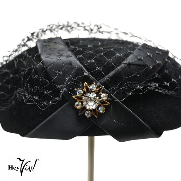 Vintage 50s Hat Black Peachbloom Velour Merrimac Body Rhinestone Trim - Hey Viv - Picture 4 of 8